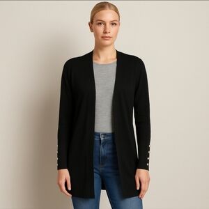 Melanie Lyne Black Open Front Cardigan Sweater w/ Silver Button Detail – Size M